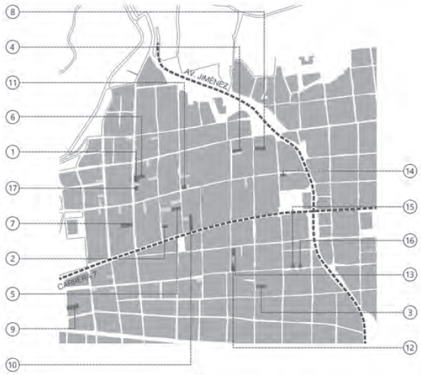 Localización de 44 edificios de renta identificados y 17 analizados. Fuente: elaboración propia sobre aerofotografía del Instituto Geográfico Agustín Codazzi (IGAC), 1948.