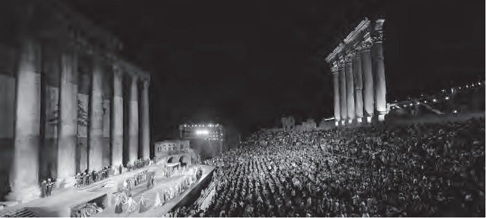 Bacchus temple (to the left) and Jupiter temple, by Baalbek International Festival, 2013.