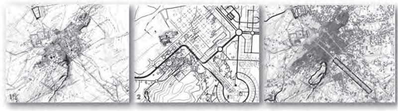 Plans of Baalbek. 1) 1902 plan in Theodore Weigand, Baalbek: Ergebnisse der Ausgrabungen und Untersuchungen in den Jahren 1898 bis 1905 (Berlin and Leipzig: Vereinigung Wissenschaftlicher Verleger, 1905). Image scanned at the American University of Beirut Jafet Library Archives, by M.Ghandour, 2006 . 2) The Edde winning competition plan for Baalbeck, by M. Ghandour. 3) Overlay of building blocks as mapped in 2000, by M. Ghandour