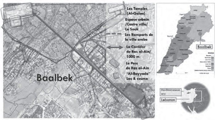 Right: Map of Lebanon/ Left: Plan of Baalbek city R. Mourtada 2018, through CHUD project, land use plan.