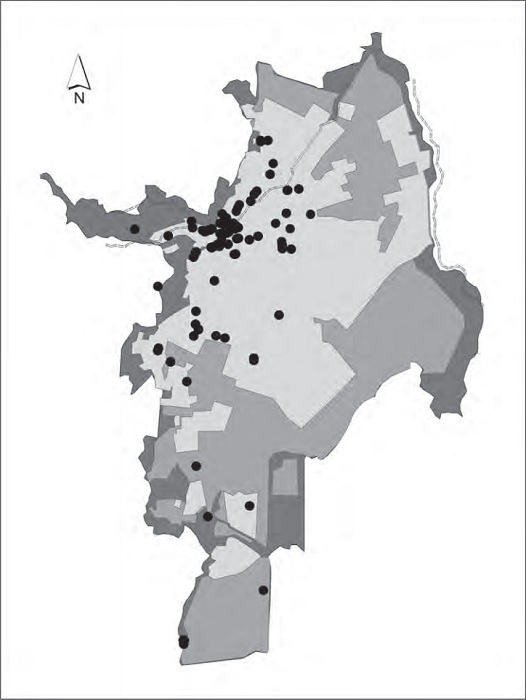 Cartografía de las localizaciones de las películas de Mayolo y Ospina (1971-1995).