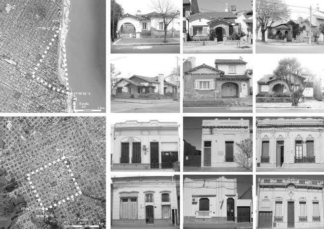 Fragmentos y seleccin de viviendas en anlisis. Arriba, el barrio La Perla marplatense y sus chalets “estilo MdP”; abajo, el sector central tandilense y sus casas “chorizo”