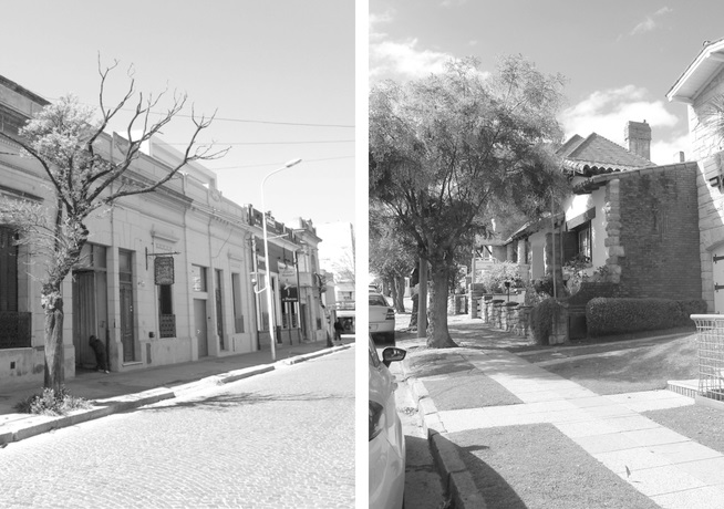 Perspectivas en las que se destaca la caracterizacin urbana-lineal originada por las fachadas de las casas “chorizo” tandilenses, en contraposicin con la caracterizacin urbana- quebrada originada por las fachadas de los chalets “estilo MdP” de esa ciudad