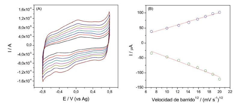 Voltamperogramas cíclicos (A) a diferentes velocidades de barrido (50, 100, 150, 200, 350, 400, 450,500 mV s-1); (B) curvas de intensidad de corriente vs la raíz cuadrada de la velocidad de barrido de ESPCs sinmodificar y modificados con la PPG en una solución de buffer PBS 100 mM, pH 7,8.