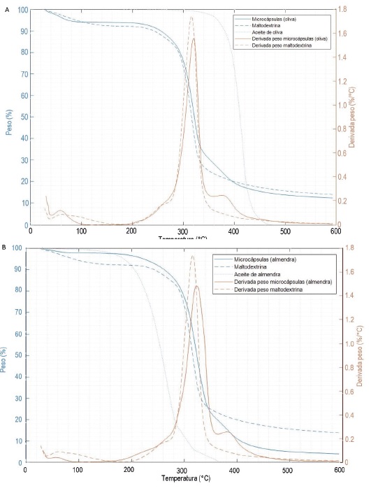 Im&aacute;genes obtenidas del SEM de las microc&aacute;psulas de aceite de (A) oliva y (B) almendra.