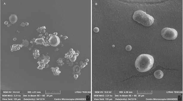 Absorbancia (A) vs Longitud de onda (nm) de las microc&aacute;psulas de aceites de (A) oliva y (B) almendra.