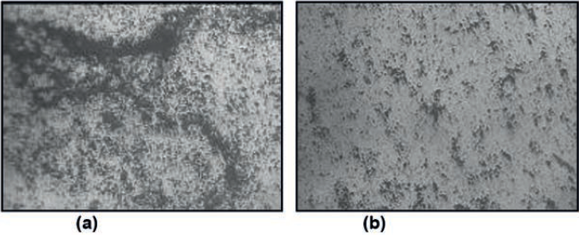 Microestrutura da área 1 sem ataque resultante do processo de fabricação, região escura e aumento 200x – (a) Com presença de poros e trincas – (b) Com presença menor de poros e uma distribuição mais homogênea.