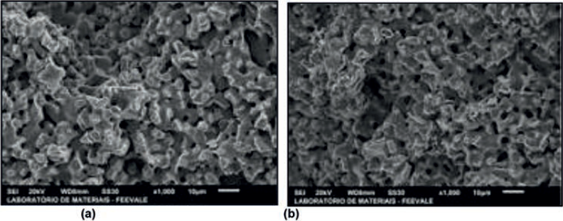 Micrografia do corpo de prova injetado, região clara: sistema ligante, região escura: pós constituintes. Aumento: 1000x. Escala: 10 µm – (a) Centro da amostra – (b) Extremidade da amostra.
