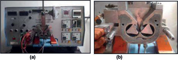 Reômetro de torque (Misturador) – (a) vista geral – (b) vista ampliada da câmara interna.