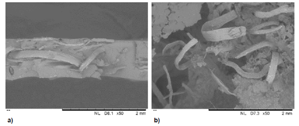 Micrografias da área transversal no ponto da fratura das membranas reforçadas com fibras de açaí. a) Amostra 2PMMA-b2, da Tabela A.2 (8% PMMA+ 4% Fibra do caroço do açaí in natura + 5% compatibilizante); b) Amostra 2AT, da Tabela A.4 (12% PLA+ 2% fibra de açaí pré-tratada + 16% compatibilizante).