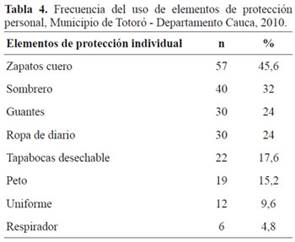 Frecuencia del uso de elementos de protecci&oacute;n personal, Municipio de Totor&oacute; - Departamento Cauca, 2010.
