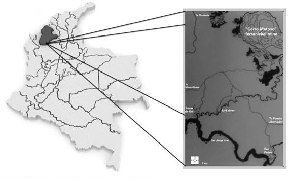 Location of Cerro Matoso ferronickel mine and Bocas de Ur&eacute;.