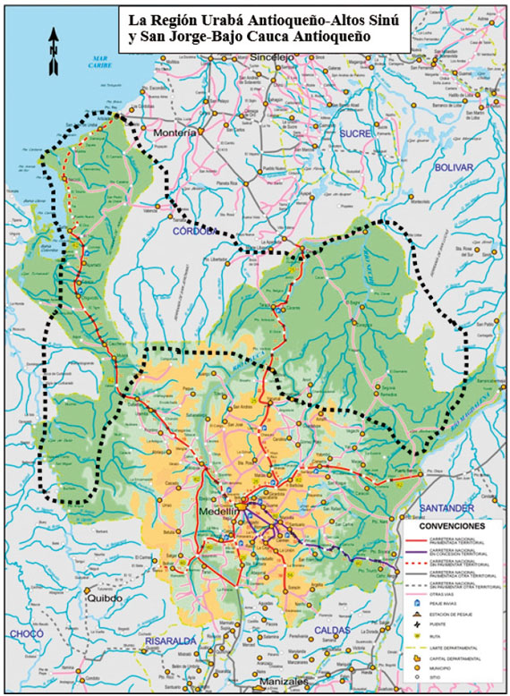 Delimitada por la l&iacute;nea punteada est&aacute; La Regi&oacute;n, en el noroeste de Colombia. La integran 25 municipios: 11 del Urab&aacute; Antioque&ntilde;o, 4 del sur de C&oacute;rdoba y 10 del Bajo Cauca Antioque&ntilde;o. Se trata de una regi&oacute;n plana excepto por las altas monta&ntilde;as del Nudo de Paramillo, al norte de Antioquia y al sur de C&oacute;rdoba, donde nacen los r&iacute;os Sin&uacute; y San Jorge. Son 34.848 km2. 