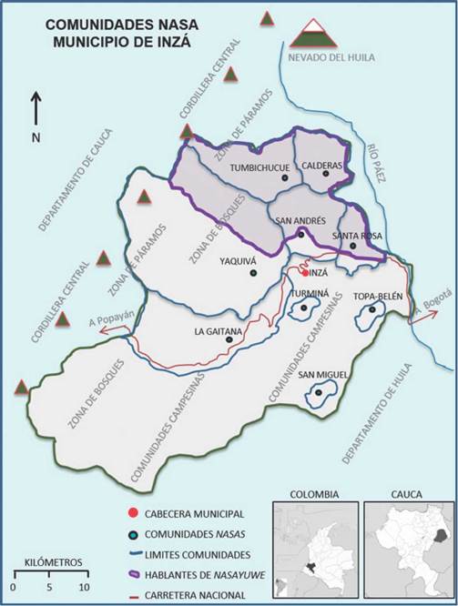 Mapa de Comunidades Nasa en el Municipio de Inz&aacute;, Cauca. Fuente: Elaboraci&oacute;n propia a partir de los datos colectados.