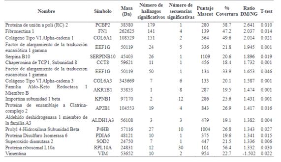 Prote&iacute;nas diferencialmente expresadas en preadipocitos de TASC de sujetos obesos NG y DM.