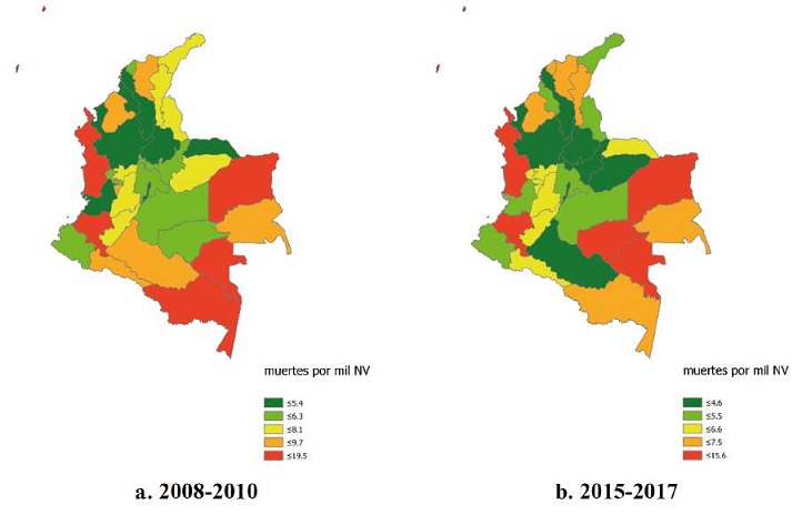 Tasas ajustadas de mortalidad neonatal a nivel departamental (quintiles), Colombia periodos 2008-2010 (a) y 2015-2017 (b).