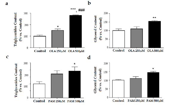 Fatty acids mobilisation Intracellular triglyceride content lipogenesis and glycerol release Lipolysis graphs after OLA a b respectively and PAM c d respectively treatment Data are presented as % cell viability vs control 100% Bar graphs represent control cells white 250 μM grey and 500 μM black OLA or PAM concentrations Values are the mean  SEM Differences between groups were analysed by oneway ANOVA followed by Scheffe test *P  005 **P  001 and ***P  0001 vs Control ###p  0001 vs 250 μM OLA concentration
