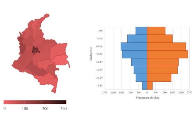 Mapa de coropletas y pir&acirc;mide poblacional para ataque cerebrovascular hemorr&aacute;gico.