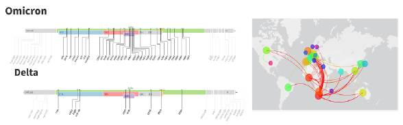 Izquierda: Genomas de las variantes Omicron y Delta de SARS-CoV-2 con sus respectivas mutaciones. Derecha: Mapa de transmisión de la variante Ómicron. Tomada de Stanford University https://covdb.stanford.edu/page/mutation-viewer/#omicron y GISAID https://www.gisaid.org/hcov19-variants/