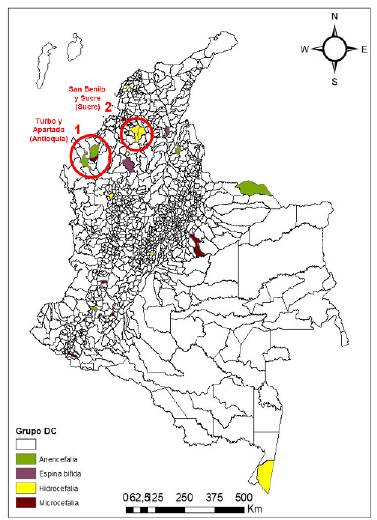 Conglomerados de casos de defectos cong&eacute;nitos del sistema nervioso central, Colombia, I semestre 2018 