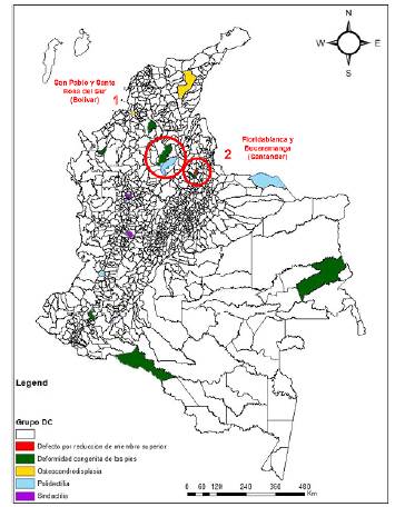 Conglomerados de casos de defectos cong&eacute;nitos de las extremidades, Colombia, I semestre 2018