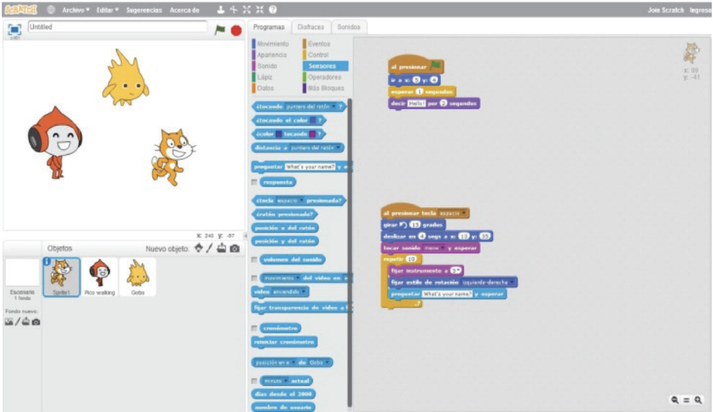 Captura de pantalla de la interfaz de Scratch