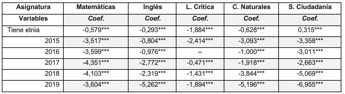 Efecto de pertenecer a una etnia a lo largo del tiempo.