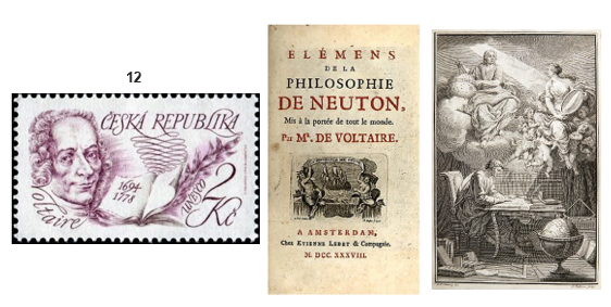 Sellos postal en honor a Voltaire. En la portada de Elements de la philosophie de Newton se puede notar los errores en “Elemens” y “Neuton” (Aboites, 2011)