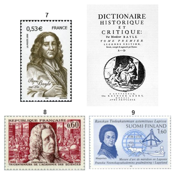 Filatelia dedicada a Bayle, de Fontenelle y de Maupertuis.