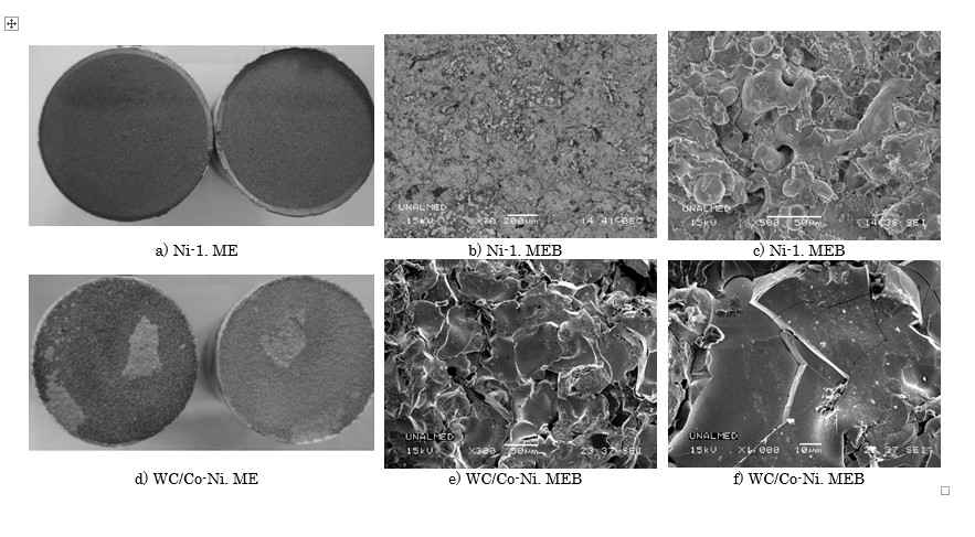 Aspecto t�pico de las superficies de falla despu�s de ensayo ASTM C633 en microscopio estereosc�pico (ME) y electr�nico de barrido (MEB).
