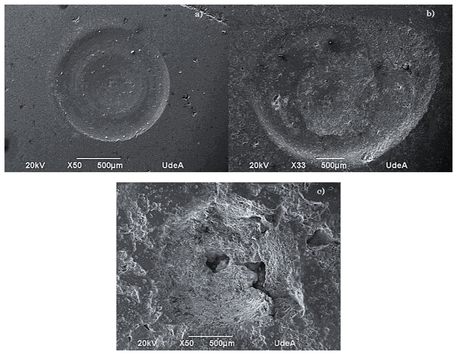Morfología de perforaciones realizadas con brocas de mampostería en refractarios de a) alúmina, b) AZS y c) alúmina-cromita.