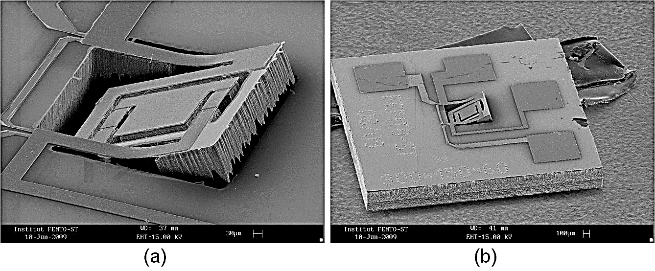 A microscanner 2D fabricated on SOI wafer: a) close-uplook on the scanner and evidence of &ldquo;grass&rdquo; which block the structure, b) the whole device and evidence of mirror&rsquo;s inclinatio