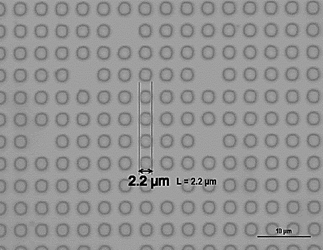 Final results in photolithography obtained with image reversal photoresist used as negative on cover-slip glass. It is possible to see the pattern size (around 2µm) with a period of 4µm.
