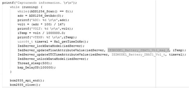 Secci&oacute;n del c&oacute;digo de la librer&iacute;a libIEC61850 correspondiente al mapeo de la variable de la entrada anal&oacute;gica AI0 al nodo l&oacute;gico ZBAT