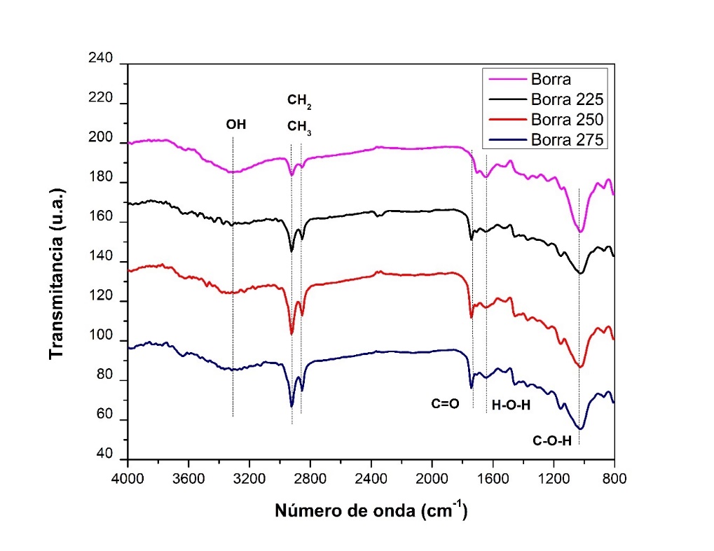 Infrarrojo borra de café seca y borra torrefactada a temperaturas de proceso de 225 °C, 250 °C y 275 °C