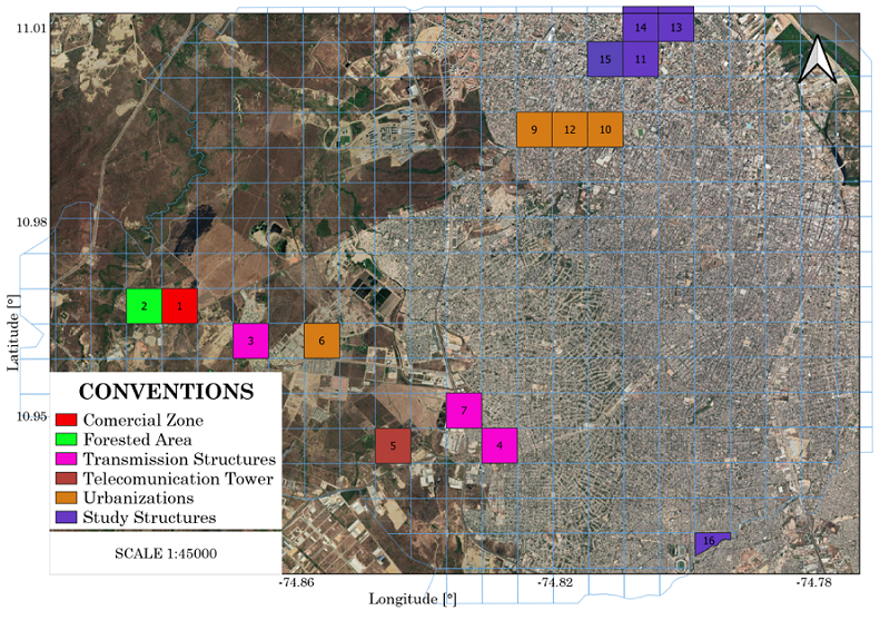 Geographic location of elevated structures and specific sites with the highest incidence of lightning in Barranquilla city