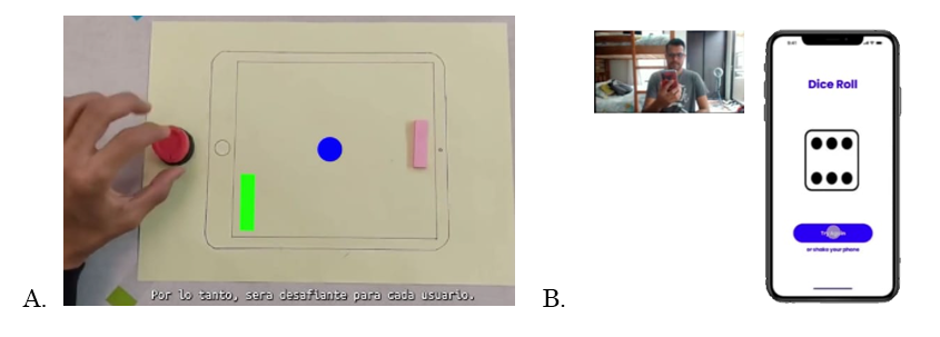 A. Prototipo en papel de un juego de mesa tipo ping pong. El objeto, con un imn descentrado, al rotarse mueve la posicin de la raqueta virtual. B. Juego de mesa en el que el acelermetro es usado para lanzar un dado