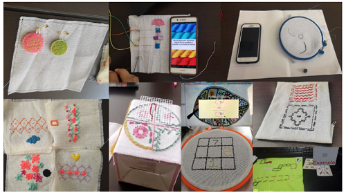 Fotografas de prototipos de dechados textiles-digitales, desarrollados en talleres participativos, donde el mvil se utiliz para aumentar digitalmente el dechado y explicar el proceso de realizacin de las puntadas