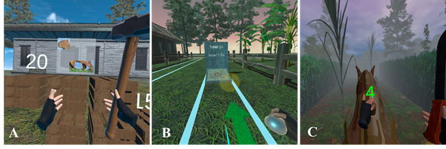Game Mechanics Motion Health VR- A Boxes; B Throwing Tejo; C Cutting branches