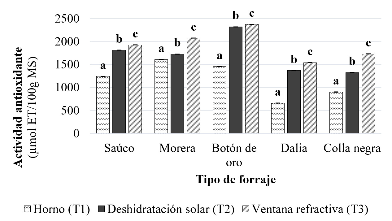  Actividad antioxidante de los forrajes sometidos a diferentes tipos de secado