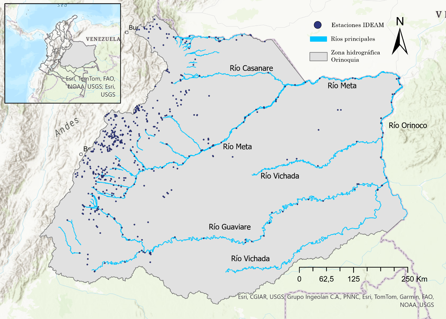  �rea de estudio y distribuci�n espacial de estaciones del Ideam en la cuenca de la Orinoqu�a
