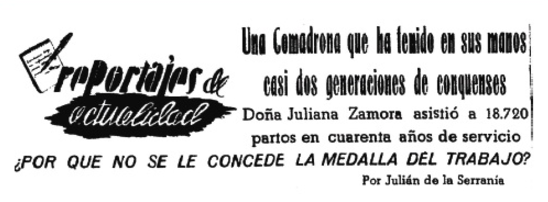 Encabezado de
la entrevista a la matrona Juliana Zamora en el diario Ofensiva con motivo de su
onom&aacute;stica 

 