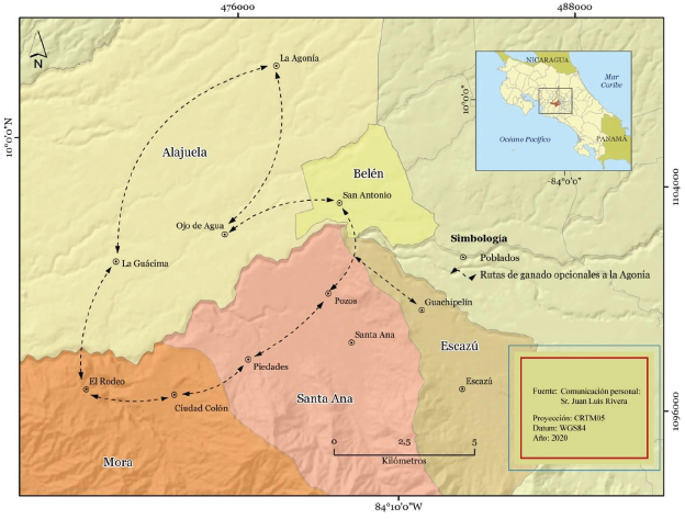 Mapa de flujo de comercio de ganado vacuno en el sector oeste del Valle Central. Primera mitad del siglo XX