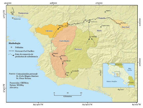 Mapa de flujo de productos de subsistencia de la Región Pacífico Central a la Región Central