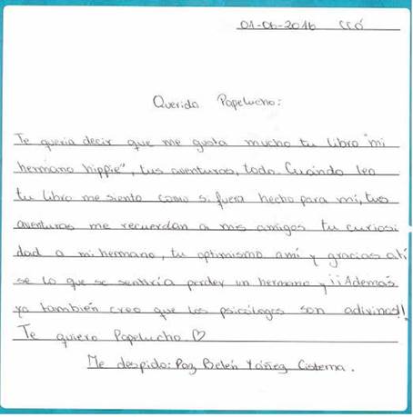 Carta elaborada por estudiante a Papelucho.