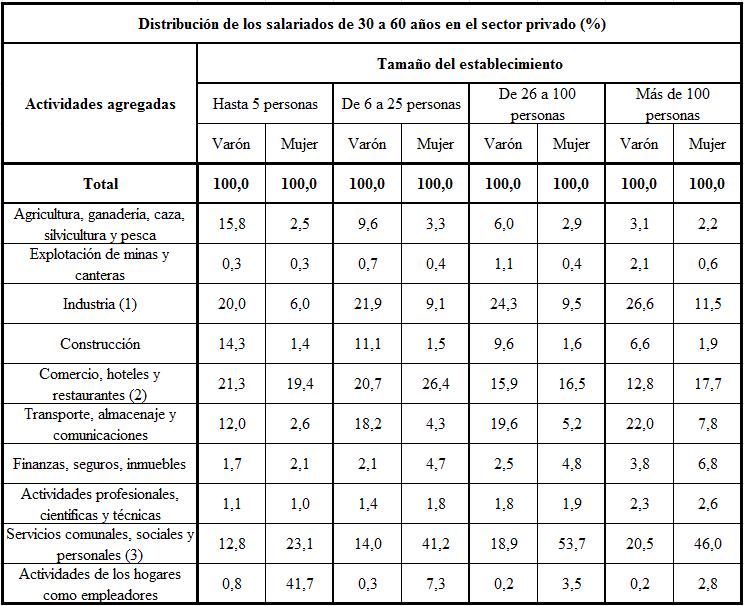 Cuadro N&deg;1. Distribuci&oacute;n relativa de  los asalariados de 30 a 60 a&ntilde;os del sector privado por cada sexo seg&uacute;n tama&ntilde;o  del establecimiento y ramas de actividad agregadas. A&ntilde;o 2010