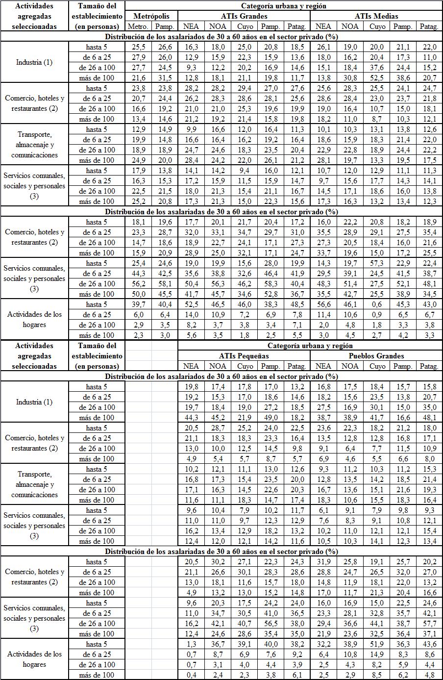 Cuadro N&deg;3. Distribuci&oacute;n relativa de  los asalariados y asalariadas de 30 a 60 a&ntilde;os del sector privado por tama&ntilde;o del  establecimiento y ramas de actividad agregadas. Desagregados seg&uacute;n categor&iacute;as  urbanas y regiones seleccionadas. A&ntilde;o 2010 (en %).