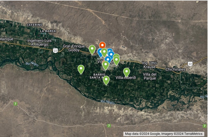 Localizacin de las escuelas primarias y CDI de  Villa Regina, 2022