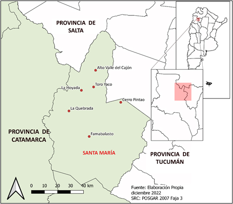 Ubicaci�n de las comunidades  diaguitas que integran la UPND Catamarca en el departamento Santa Mar�a.