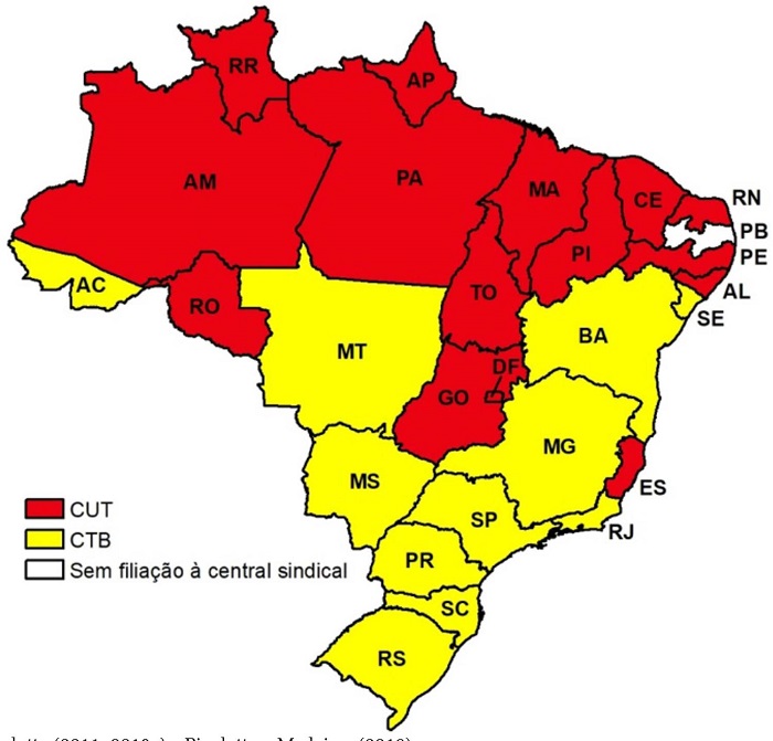 &ndash; Distribui&ccedil;&atilde;o das Federa&ccedil;&otilde;es da Contag por filia&ccedil;&atilde;o &agrave; central sindical (2007-2017)